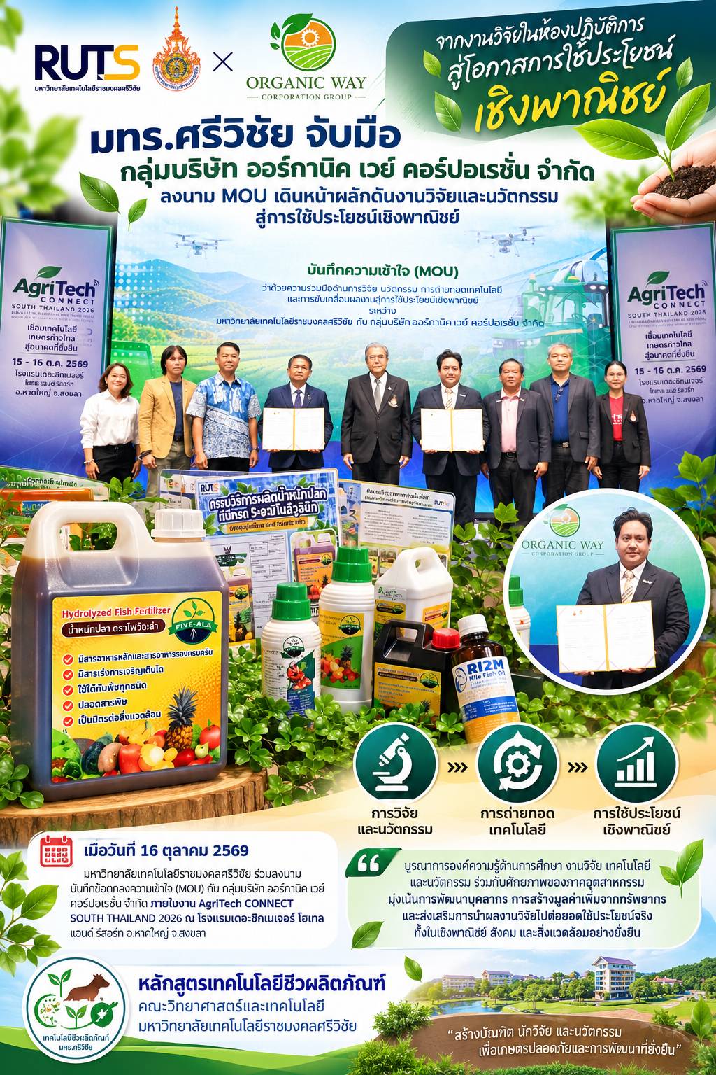 มทร.ศรีวิชัย ผสานพลัง กลุ่มบริษัท ออร์กานิค เวย์ คอร์ปอเรชั่น ลงนาม MOU ผลักดันงานวิจัยและนวัตกรรมสู่การใช้ประโยชน์เชิงพาณิชย์